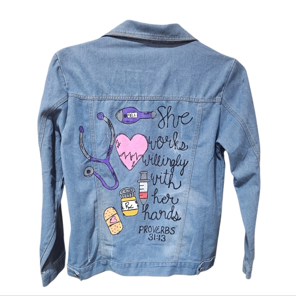 Custom Nurse‎ Denim Jacket 2XL Hand Painted Proverbs 31:13 Medical Stethoscope